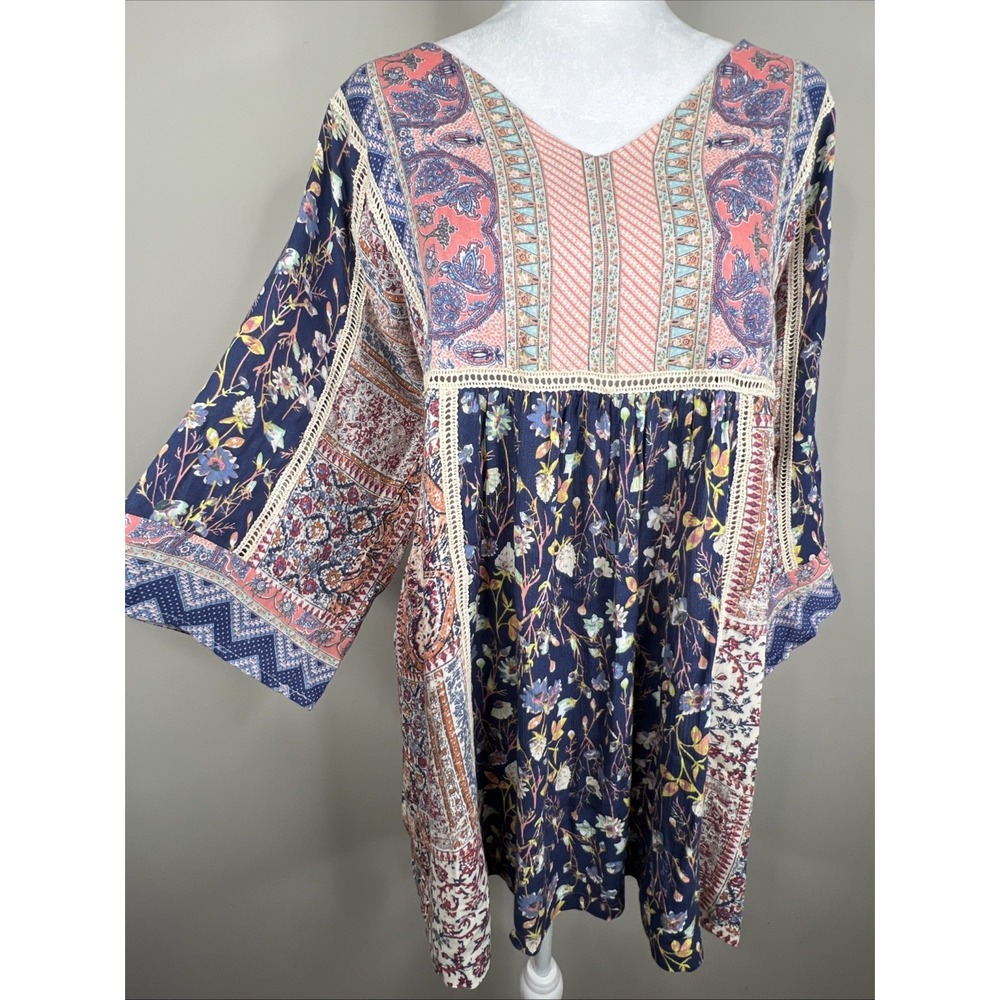 Sundance‎ My Favorite Patchwork Mini Dress Womens L Mixed Print Artsy Boho